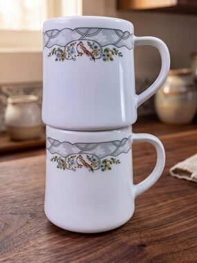 Vintage Schönwald Germany Mugs – Set of 2 | Bird & Vine Pattern | Fine Porcelain